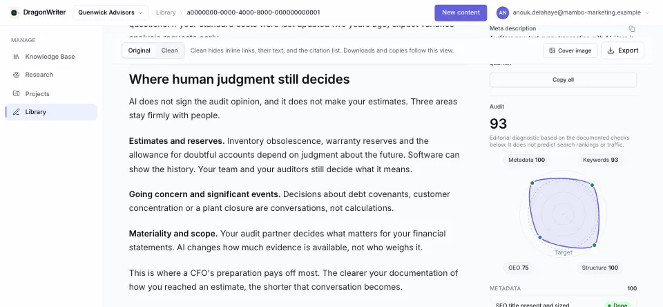 Recreated DragonWriter article page: a cited draft with its audit score for a fictional firm