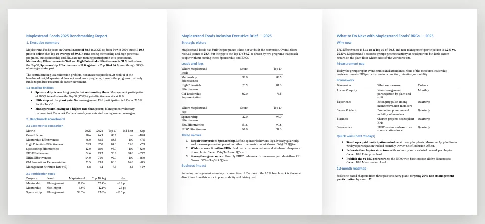 Recreated report output: three benchmark documents for a fictional company